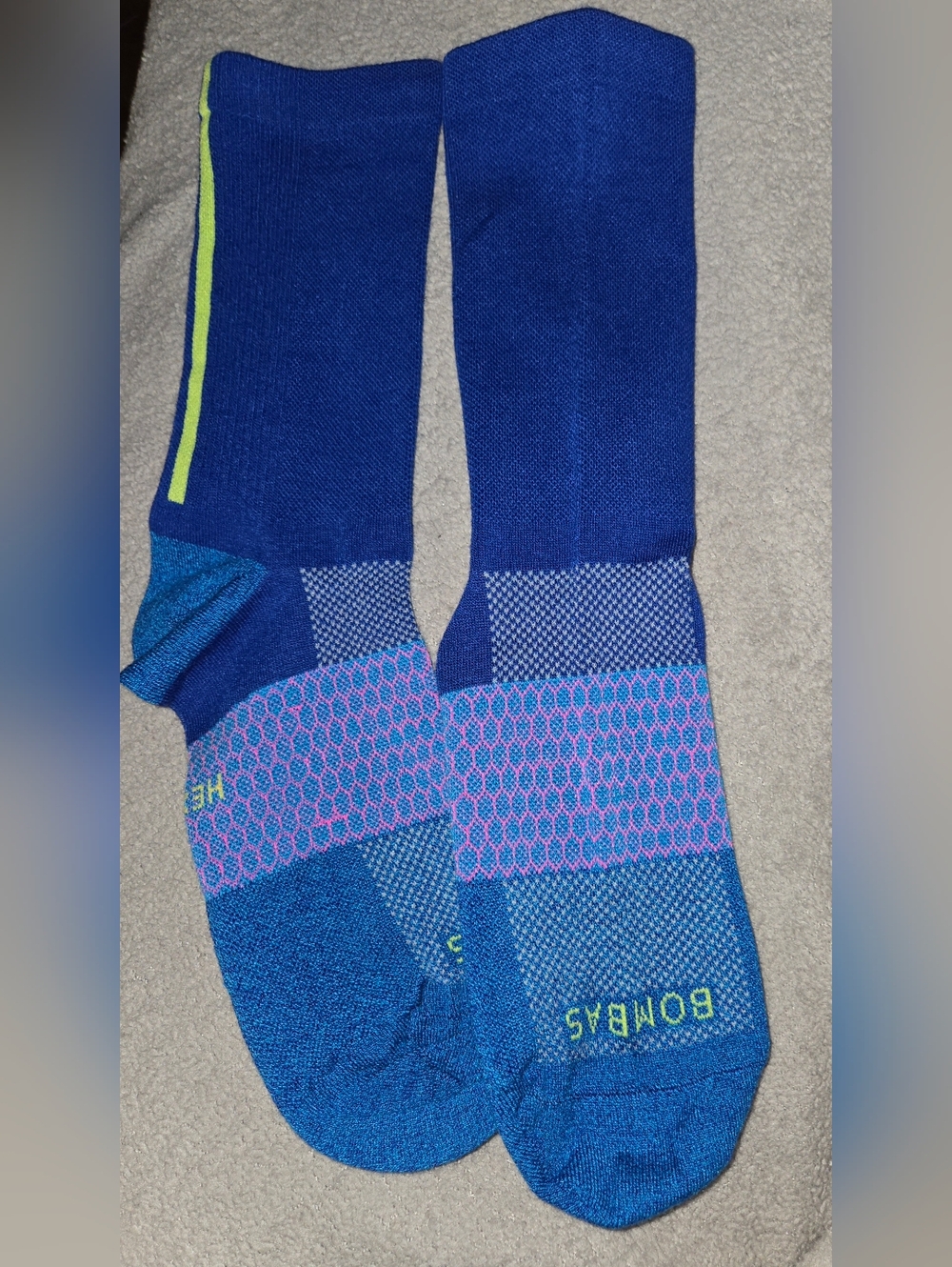 Bombas Men's Athletic Crew Socks in Blue with Neon Green Accents XL